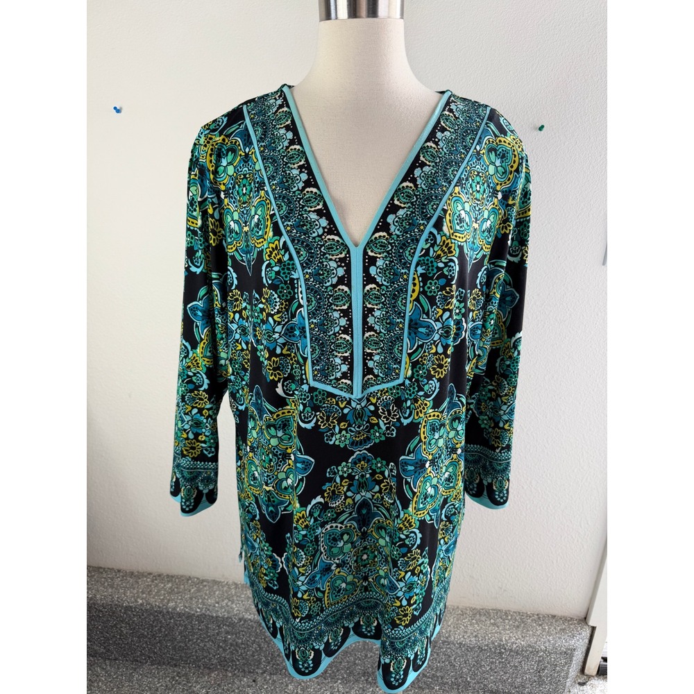 JM Collection Woman Plus 2X Tunic Top Blue Green Paisley Floral Knit 3/4 Sleeve